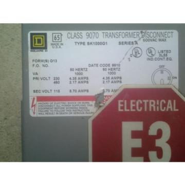 Square D 9070SK1000G1 Transformer / Disconnect Pri.230/480 Sec 115V 8.70 A Pump