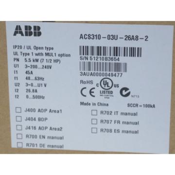 NEW ABB ACS310-03U-26A8-2 DRIVE 7.5 HP, ACS31003U26A82