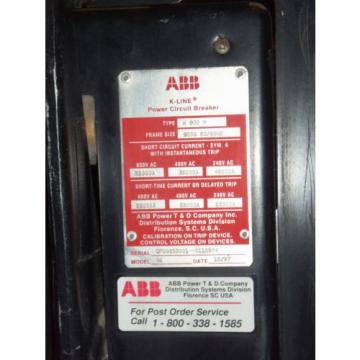 ABB K LINE K800M 800 AMP FRAME 800 TRIP MPS-C2000 AIR POWER CIRCUIT BREAKER LSIG