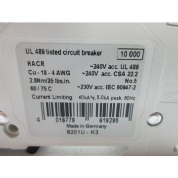 New ABB S201U-K3 Circuit Breaker, 1-Pole, 3A 240VAC Max