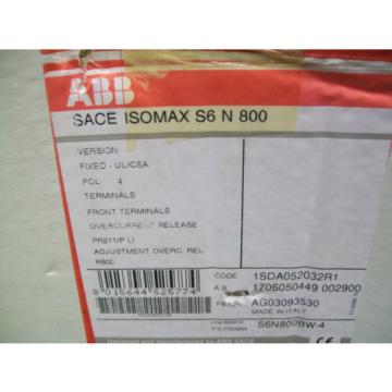 ABB Sace Isomax S6 N 800 Amp 600 Volt 4 Pole Circuit Breaker New in Box.