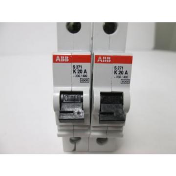 Lot of 2 ABB S 271 K20A Circuit Breakers, 1-Pole, Rating: 240VAC 20A, DIN Rail