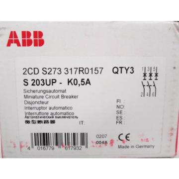 (3) ABB 2CDS273317R0157 S 203UP - K0,5A Miniature Circuit Breakers 3P 0.5A