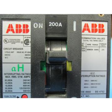 ABB TYPE EH 200 AMP 3 POLE CIRCUIT BREAKER W/ AUX SWITCH &amp; SHUNT TRIP ... M-52