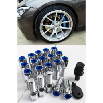 20 Pc M14 X 1.5 Steel Chrome Wheel Lug Nut Bolts W/ Blue Security Cap+Key+Socket