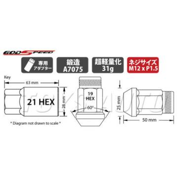 Godspeed Type4 50mm 31g RIM WHEEL LOCK LUG NUTS 12x1.5 M12 P1.5 w/ Key NEO e