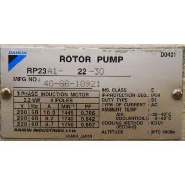 DAIKIN ROTOR RP23A12230, HYDRAULIC , 3 PH, 2.2 KW, 10GB10921,  Pump
