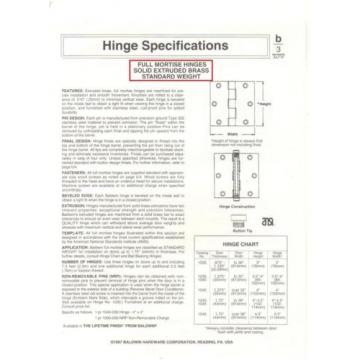 BALDWIN #1045.030.I 4.5&#034; x 4.5&#034; DOOR HINGE, PLAIN BEARING, SOLID BRASS,POLISHED