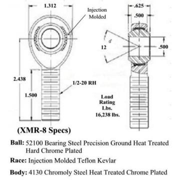 XMR-8 CHROMOLY 1/2 x 1/2-20 MALE RH ROD ENDS HEIM JOINT