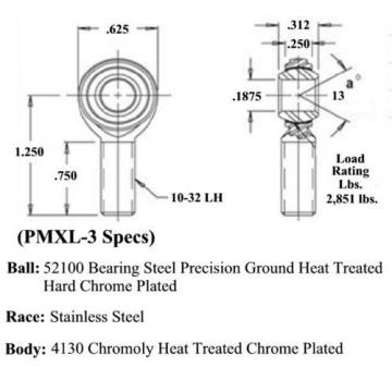 PMXL-3 CHROMOLY PRECISION 3/16 x 10-32 MALE LH ROD ENDS HEIM JOINT